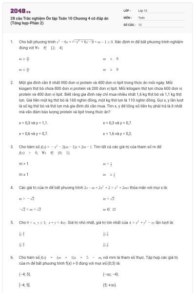 28 câu  Trắc nghiệm Ôn tập Toán 10 Chương 4 có đáp án (Tổng hợp-Phần 2)