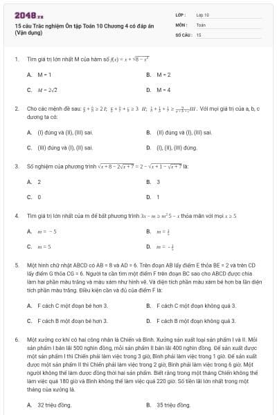 15 câu Trắc nghiệm Ôn tập Toán 10 Chương 4 có đáp án (Vận dụng)