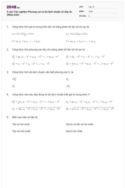 5 câu  Trắc nghiệm Phương sai và độ lệch chuẩn có đáp án (Nhận biết)
