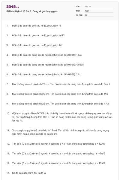 Giải sbt Đại số 10 Bài 1: Cung và góc lượng giác