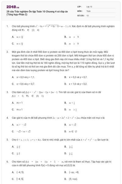 28 câu Trắc nghiệm Ôn tập Toán 10 Chương 4 có đáp án (Tổng hợp-Phần 2)