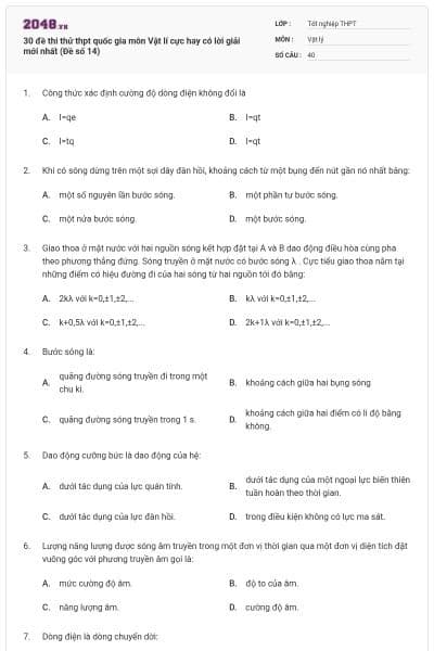 30 đề thi thử thpt quốc gia môn Vật lí cực hay có lời giải mới nhất (Đề số 14)