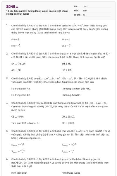 10 câu Trắc nghiệm Đường thẳng vuông góc với mặt phẳng có đáp án (Vận dụng)