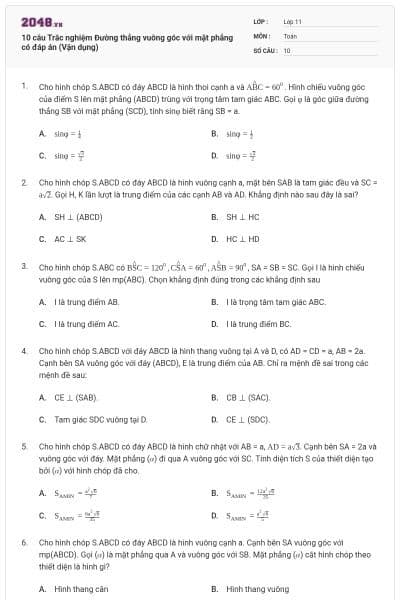 10 câu Trắc nghiệm Đường thẳng vuông góc với mặt phẳng có đáp án (Vận dụng)