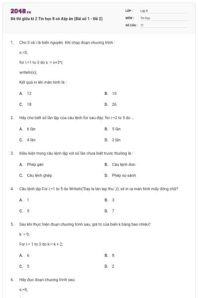 Đề thi giữa kì 2 Tin học 8 có đáp án (Bài số 1 - Đề 2)