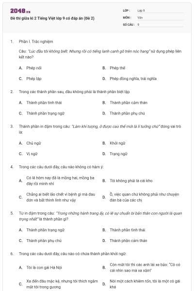 Đề thi giữa kì 2 Tiếng Việt lớp 9 có đáp án (Đề 2)