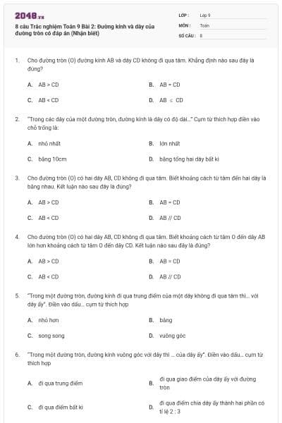 8 câu Trắc nghiệm Toán 9 Bài 2: Đường kính và dây của đường tròn có đáp án (Nhận biết)