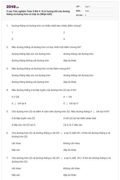 9 câu Trắc nghiệm Toán 9 Bài 4: Vị trí tương đối của đường thẳng và đường tròn có đáp án (Nhận biết)