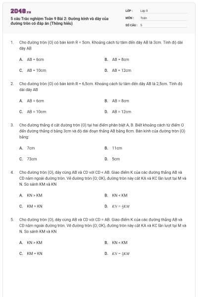 5 câu Trắc nghiệm Toán 9 Bài 2: Đường kính và dây của đường tròn có đáp án (Thông hiểu)