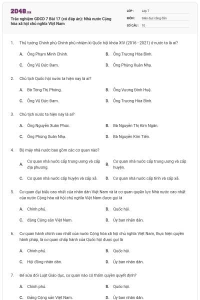 Trắc nghiệm GDCD 7 Bài 17 (có đáp án): Nhà nước Cộng hòa xã hội chủ nghĩa Việt Nam