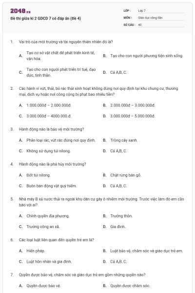Đề thi giữa kì 2 GDCD 7 có đáp án (Đề 4)