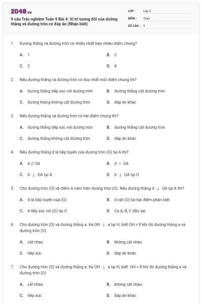 9 câu Trắc nghiệm Toán 9 Bài 4: Vị trí tương đối của đường thẳng và đường tròn có đáp án (Nhận biết)