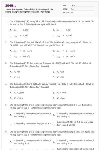 10 câu Trắc nghiệm Toán 9 Bài 4: Vị trí tương đối của đường thẳng và đường tròn có đáp án (Vận dụng)