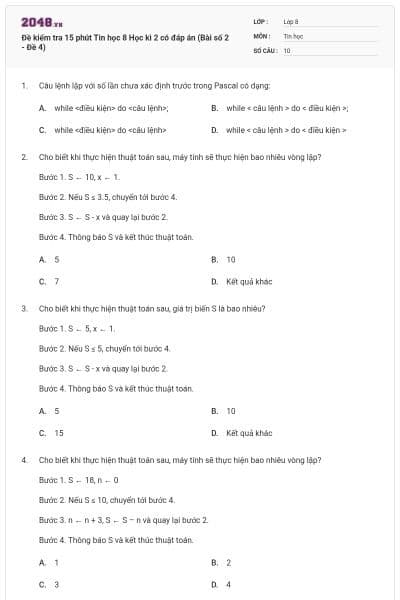 Đề kiểm tra 15 phút Tin học 8 Học kì 2 có đáp án (Bài số 2 - Đề 4)