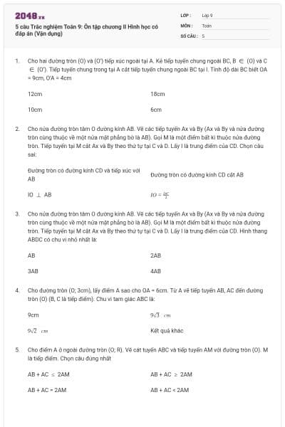 5 câu Trắc nghiệm Toán 9: Ôn tập chương II Hình học có đáp án (Vận dụng)