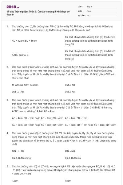 15 câu Trắc nghiệm Toán 9: Ôn tập chương II Hình học có đáp án