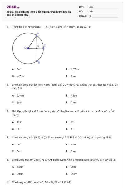 10 câu Trắc nghiệm Toán 9: Ôn tập chương II Hình học có đáp án (Thông hiểu)