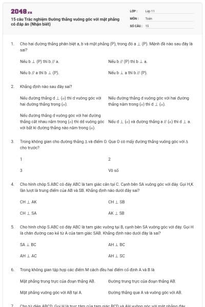 15 câu Trắc nghiệm Đường thẳng vuông góc với mặt phẳng có đáp án (Nhận biết)