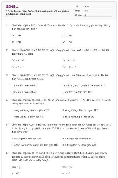 15 câu Trắc nghiệm Đường thẳng vuông góc với mặt phẳng có đáp án (Thông hiểu)