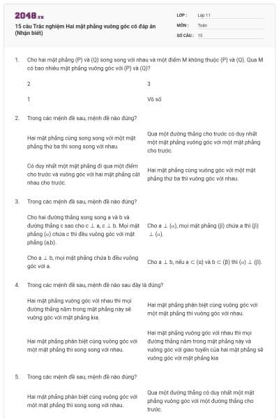 15 câu Trắc nghiệm Hai mặt phẳng vuông góc có đáp án (Nhận biết)