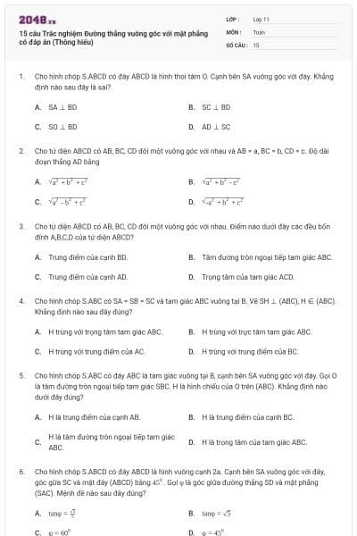 15 câu Trắc nghiệm Đường thẳng vuông góc với mặt phẳng có đáp án (Thông hiểu)
