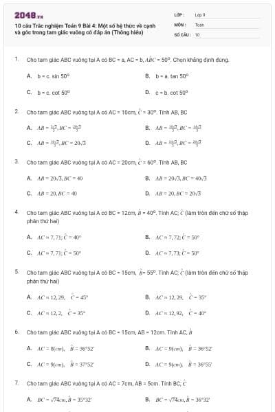 10 câu Trắc nghiệm Toán 9 Bài 4: Một số hệ thức về cạnh và góc trong tam giác vuông có đáp án (Thông hiểu)