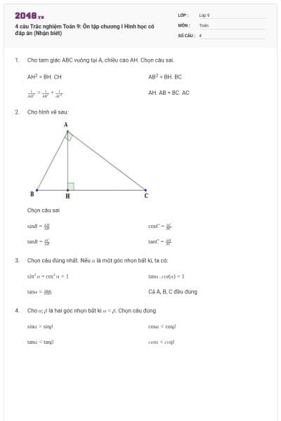 4 câu Trắc nghiệm Toán 9: Ôn tập chương I Hình học có đáp án (Nhận biết)