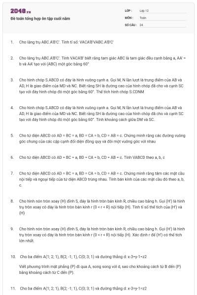 Đề toán tổng hợp ôn tập cuối năm