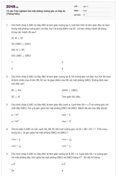 15 câu Trắc nghiệm Hai mặt phẳng vuông góc có đáp án (Thông hiểu)
