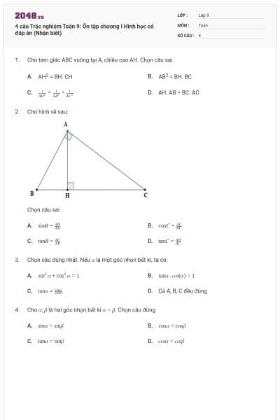 4 câu Trắc nghiệm Toán 9: Ôn tập chương I Hình học có đáp án (Nhận biết)