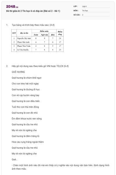 Đề thi giữa kì 2 Tin học 6 có đáp án (Bài số 2 - Đề 1)