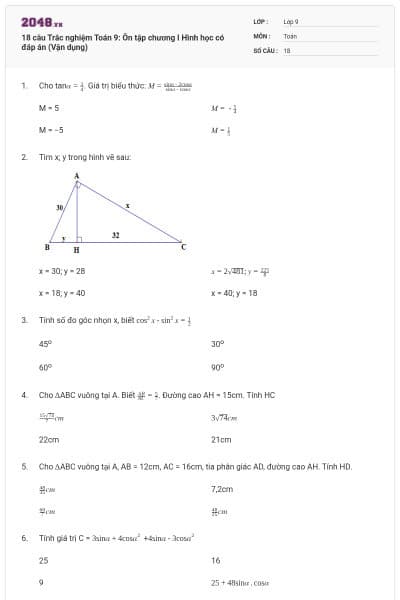 18 câu Trắc nghiệm Toán 9: Ôn tập chương I Hình học có đáp án (Vận dụng)