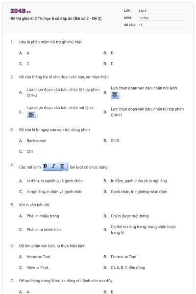Đề thi giữa kì 2 Tin học 6 có đáp án (Bài số 2 - Đề 2)