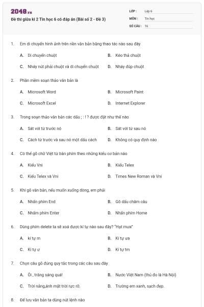 Đề thi giữa kì 2 Tin học 6 có đáp án (Bài số 2 - Đề 3)