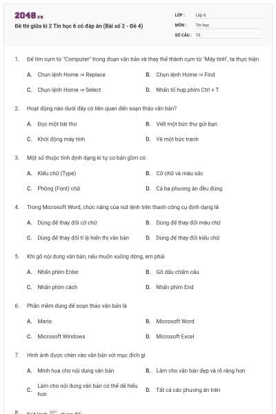 Đề thi giữa kì 2 Tin học 6 có đáp án (Bài số 2 - Đề 4)