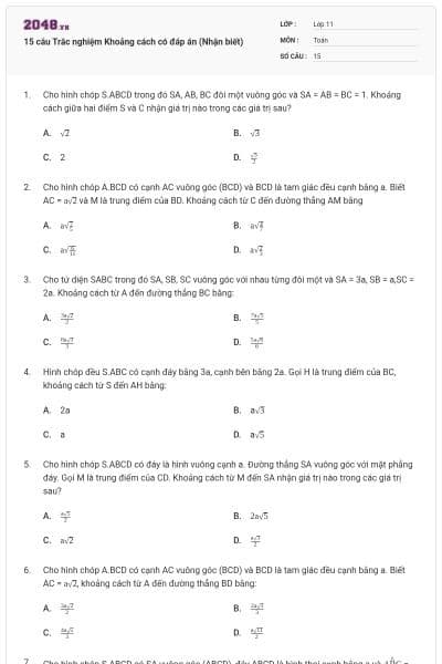 15 câu Trắc nghiệm Khoảng cách có đáp án (Nhận biết)