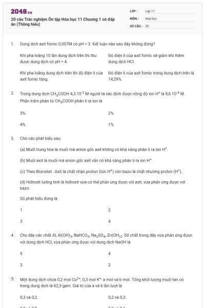 20 câu Trắc nghiệm Ôn tập Hóa học 11 Chương 1 có đáp án (Thông hiểu)