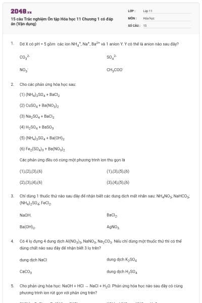 15 câu Trắc nghiệm Ôn tập Hóa học 11 Chương 1 có đáp án (Vận dụng)