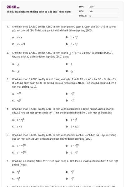 15 câu Trắc nghiệm Khoảng cách có đáp án (Thông hiểu)