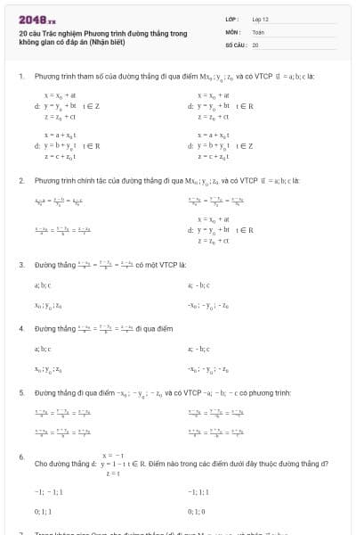 20 câu Trắc nghiệm Phương trình đường thẳng trong không gian có đáp án (Nhận biết)