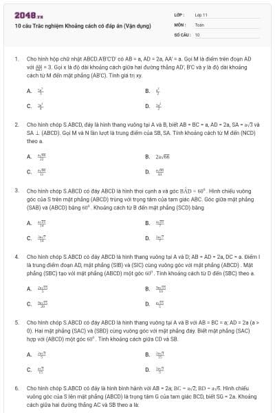 10 câu Trắc nghiệm Khoảng cách có đáp án (Vận dụng)