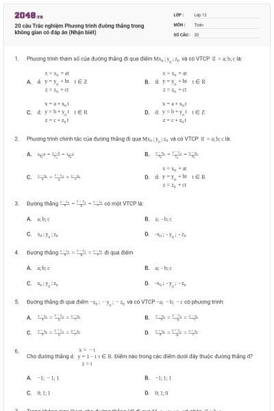 20 câu Trắc nghiệm Phương trình đường thẳng trong không gian có đáp án (Nhận biết)