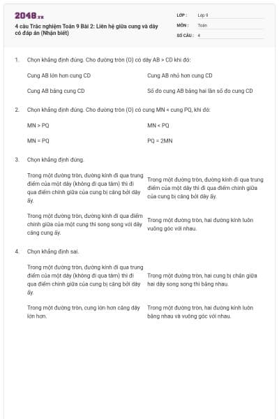 4 câu Trắc nghiệm Toán 9 Bài 2: Liên hệ giữa cung và dây có đáp án (Nhận biết)