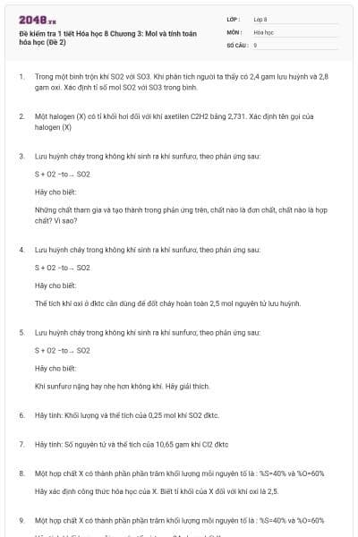 Đề kiểm tra 1 tiết Hóa học 8 Chương 3: Mol và tính toán hóa học (Đề 2)