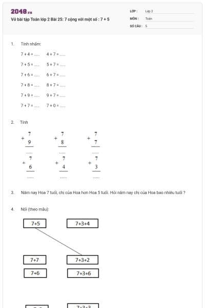 Vở bài tập Toán lớp 2 Bài 25: 7 cộng với một số : 7 + 5