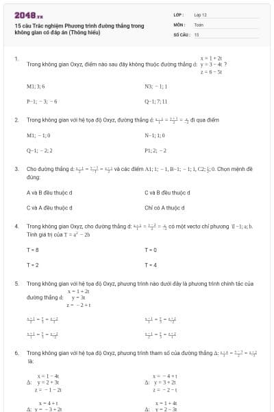 15 câu Trắc nghiệm Phương trình đường thẳng trong không gian có đáp án (Thông hiểu)