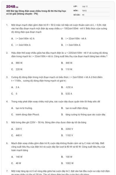 400 Bài tập Dòng điện xoay chiều trong đề thi thử Đại học có lời giải (không chuyên - P6)