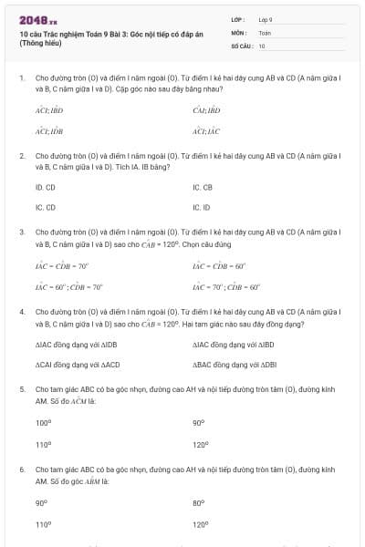 10 câu Trắc nghiệm Toán 9 Bài 3: Góc nội tiếp có đáp án (Thông hiểu)