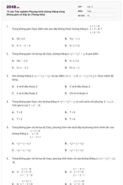 15 câu Trắc nghiệm Phương trình đường thẳng trong không gian có đáp án (Thông hiểu)