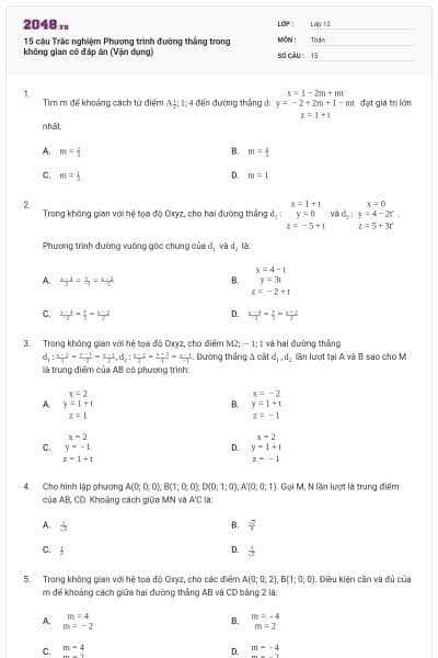 15 câu Trắc nghiệm Phương trình đường thẳng trong không gian có đáp án (Vận dụng)